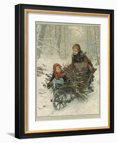 Two Children Bring Home a Barrow-Load of Firewood for the Christmas Fire-E. Blume-Framed Photographic Print