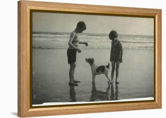 Two Children on Beach with Dog-null-Framed Premier Image Canvas