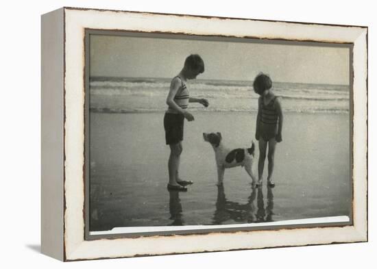 Two Children on Beach with Dog-null-Framed Premier Image Canvas