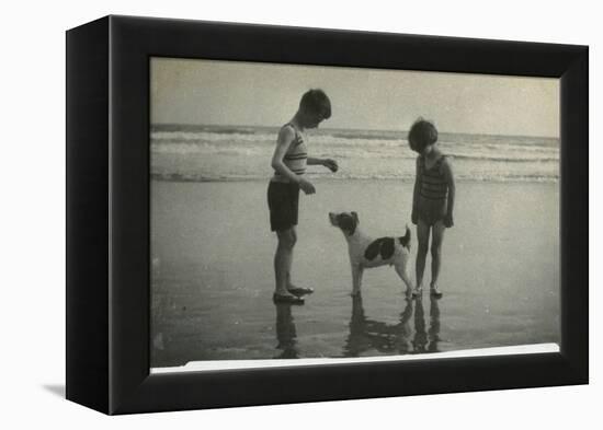 Two Children on Beach with Dog-null-Framed Premier Image Canvas