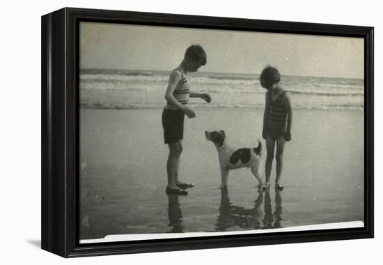 Two Children on Beach with Dog-null-Framed Premier Image Canvas