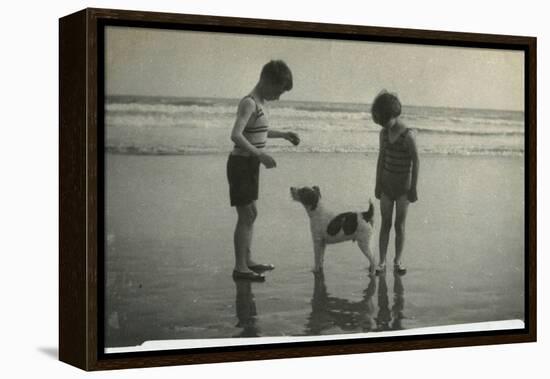 Two Children on Beach with Dog-null-Framed Premier Image Canvas