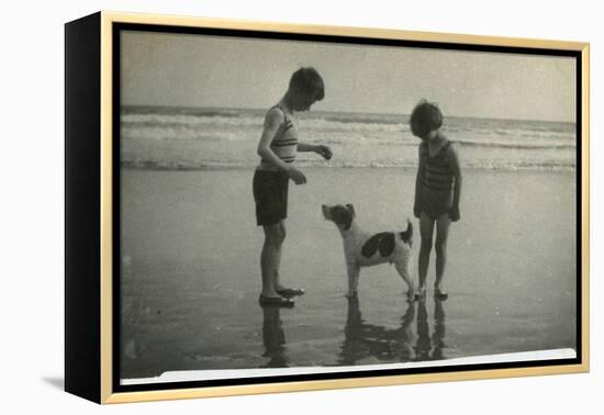 Two Children on Beach with Dog-null-Framed Premier Image Canvas