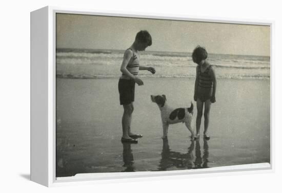 Two Children on Beach with Dog-null-Framed Premier Image Canvas