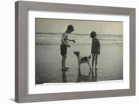 Two Children on Beach with Dog-null-Framed Premium Photographic Print