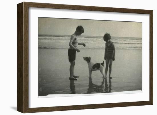 Two Children on Beach with Dog-null-Framed Premium Photographic Print