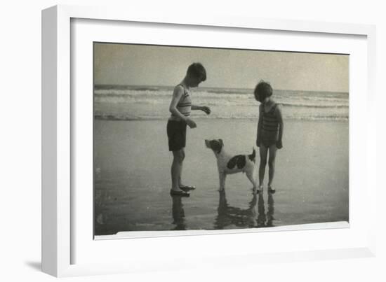 Two Children on Beach with Dog-null-Framed Premium Photographic Print