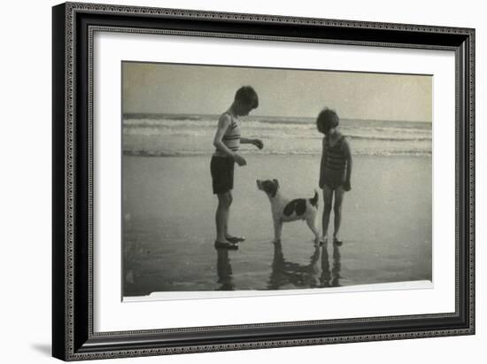 Two Children on Beach with Dog-null-Framed Premium Photographic Print