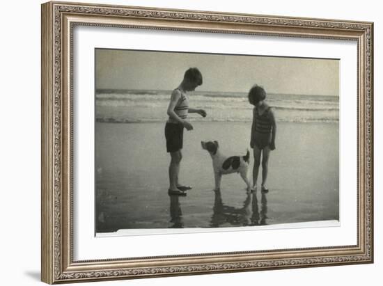 Two Children on Beach with Dog-null-Framed Photographic Print