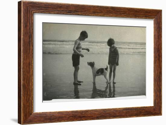 Two Children on Beach with Dog-null-Framed Photographic Print