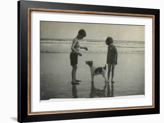 Two Children on Beach with Dog-null-Framed Photographic Print