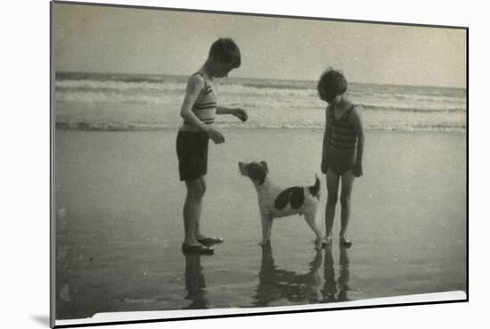 Two Children on Beach with Dog-null-Mounted Photographic Print