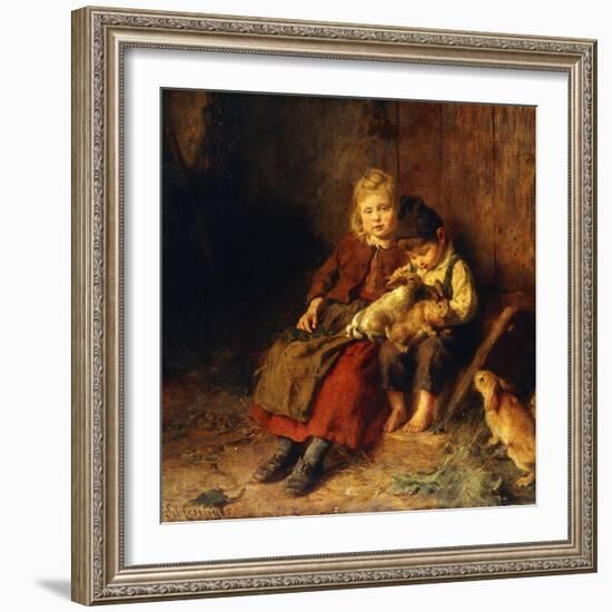 Two Children Playing with Rabbits-Felix Schlesinger-Framed Giclee Print