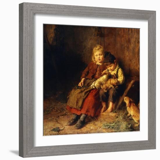 Two Children Playing with Rabbits-Felix Schlesinger-Framed Giclee Print