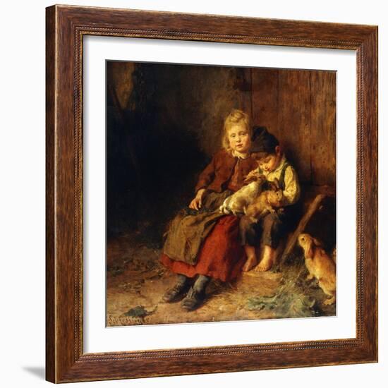 Two Children Playing with Rabbits-Felix Schlesinger-Framed Giclee Print