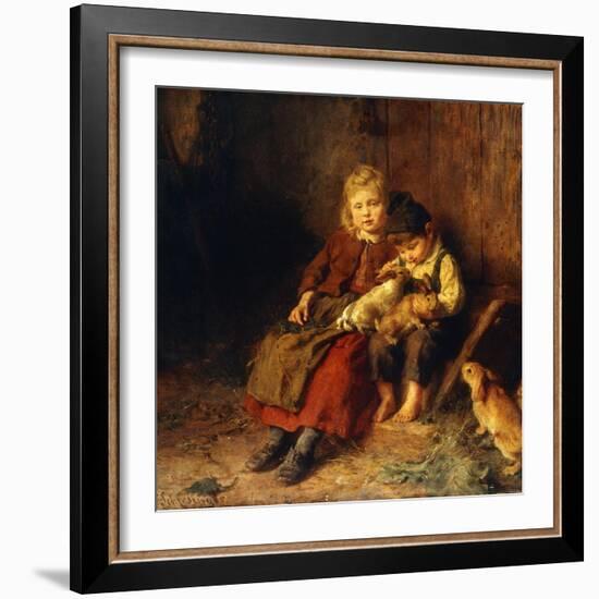 Two Children Playing with Rabbits-Felix Schlesinger-Framed Giclee Print