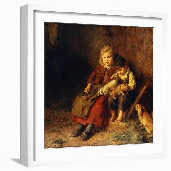 Two Children Playing with Rabbits-Felix Schlesinger-Framed Giclee Print