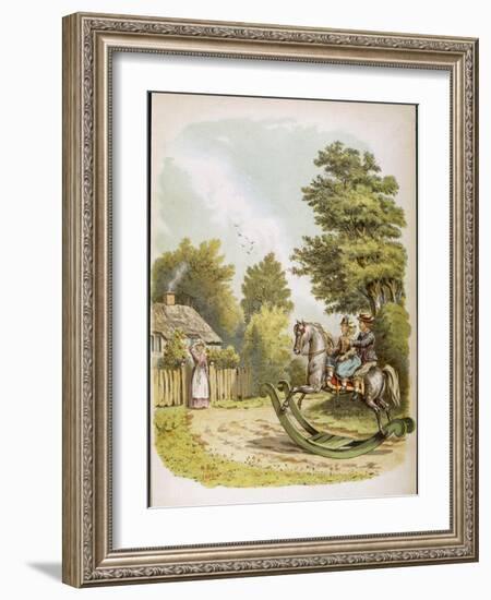 Two Children Ride Through the Countryside on Their Rocking Horse-Helen S. Tatham-Framed Art Print