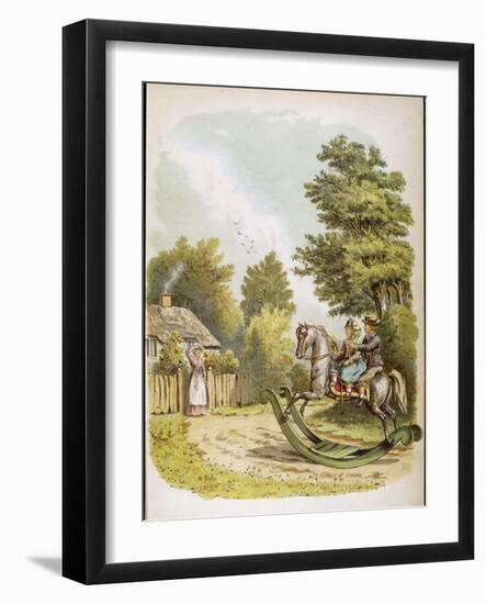 Two Children Ride Through the Countryside on Their Rocking Horse-Helen S. Tatham-Framed Art Print