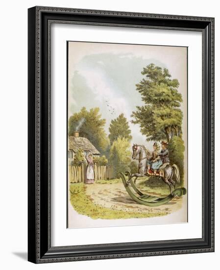 Two Children Ride Through the Countryside on Their Rocking Horse-Helen S. Tatham-Framed Art Print