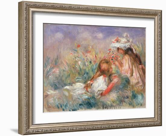 Two Children Seated among Flowers, 1900 (Oil on Canvas)-Pierre Auguste Renoir-Framed Giclee Print