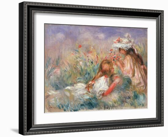 Two Children Seated among Flowers, 1900 (Oil on Canvas)-Pierre Auguste Renoir-Framed Giclee Print