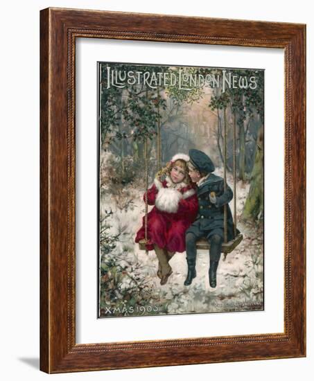 Two Children Sitting on a Swing in a Snowy Landscape-null-Framed Photographic Print