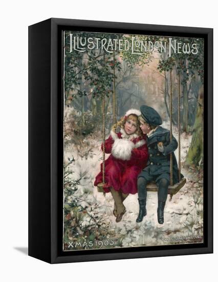 Two Children Sitting on a Swing in a Snowy Landscape-null-Framed Premier Image Canvas