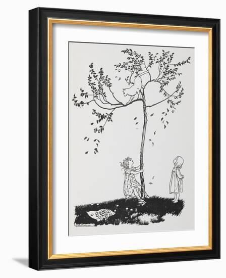 Two Children Try To Get a Cat Down From a Tree-Arthur Rackham-Framed Giclee Print