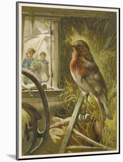 Two Children Watch a Robin the Barn Who is Standing on One Leg-John Lawson-Mounted Art Print