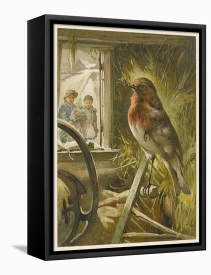 Two Children Watch a Robin the Barn Who is Standing on One Leg-John Lawson-Framed Stretched Canvas