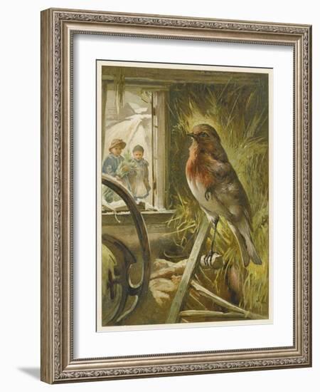 Two Children Watch a Robin the Barn Who is Standing on One Leg-John Lawson-Framed Art Print