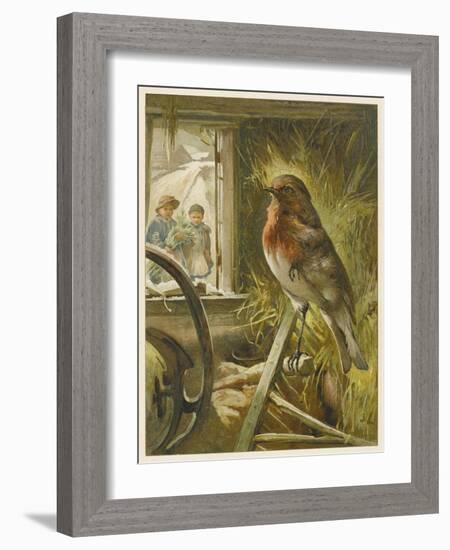 Two Children Watch a Robin the Barn Who is Standing on One Leg-John Lawson-Framed Art Print