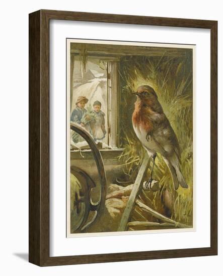 Two Children Watch a Robin the Barn Who is Standing on One Leg-John Lawson-Framed Art Print