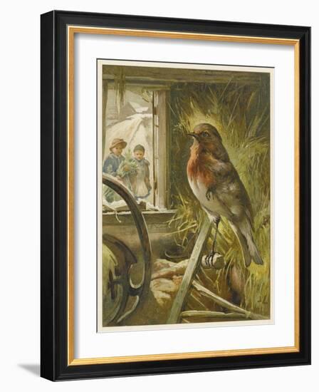 Two Children Watch a Robin the Barn Who is Standing on One Leg-John Lawson-Framed Art Print