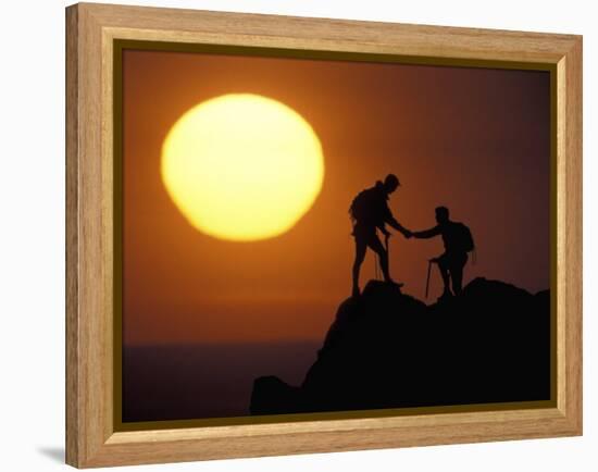 Two Climbers Reach the Summit at Sunrise, Colorado, USA-null-Framed Premier Image Canvas