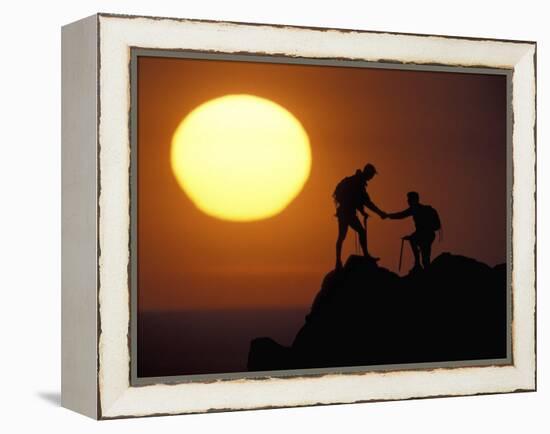 Two Climbers Reach the Summit at Sunrise, Colorado, USA-null-Framed Premier Image Canvas