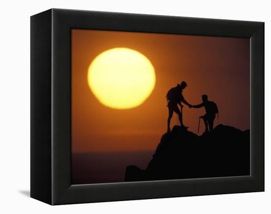Two Climbers Reach the Summit at Sunrise, Colorado, USA-null-Framed Premier Image Canvas