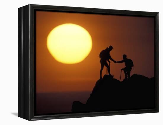 Two Climbers Reach the Summit at Sunrise, Colorado, USA-null-Framed Premier Image Canvas