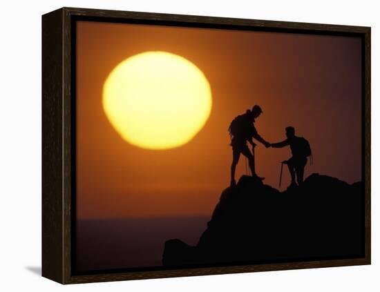 Two Climbers Reach the Summit at Sunrise, Colorado, USA-null-Framed Premier Image Canvas