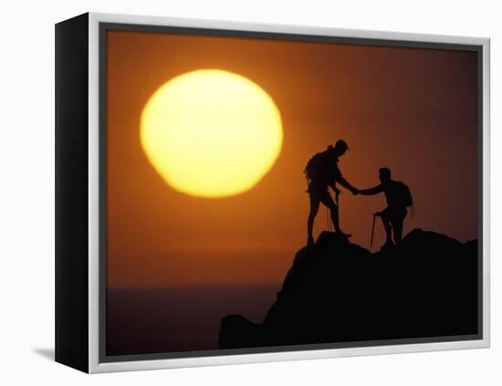 Two Climbers Reach the Summit at Sunrise, Colorado, USA-null-Framed Premier Image Canvas