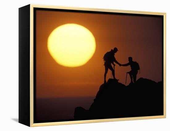 Two Climbers Reach the Summit at Sunrise, Colorado, USA-null-Framed Premier Image Canvas