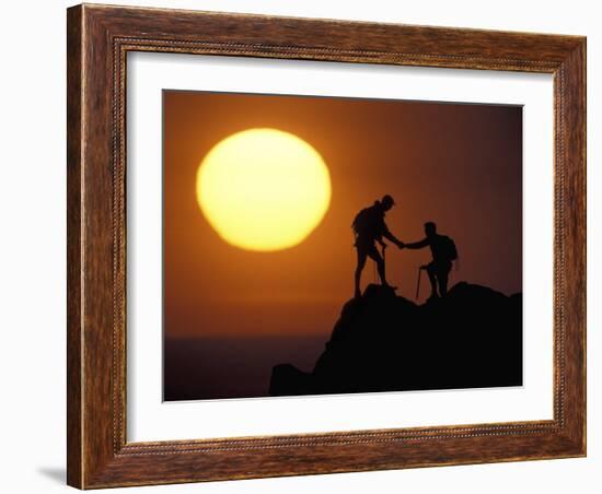 Two Climbers Reach the Summit at Sunrise, Colorado, USA-null-Framed Photographic Print