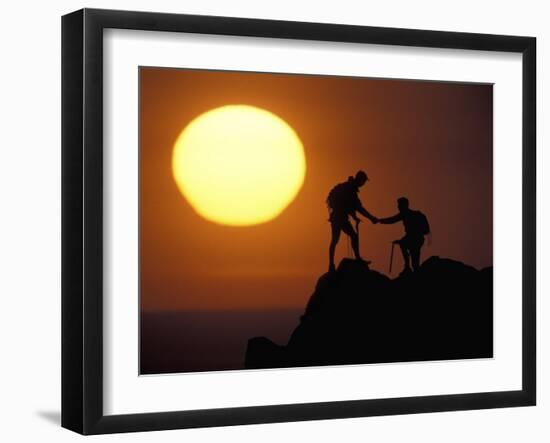 Two Climbers Reach the Summit at Sunrise, Colorado, USA-null-Framed Photographic Print
