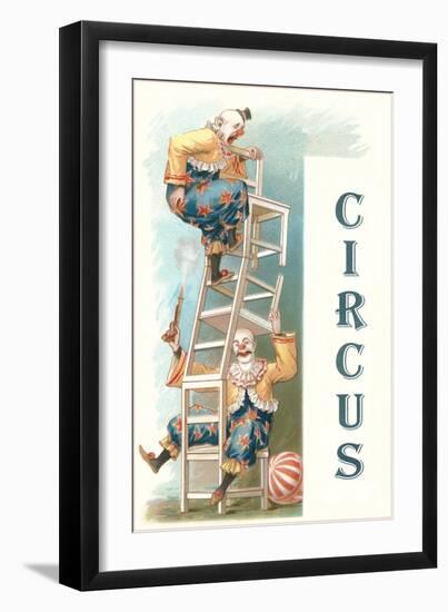 Two Clowns Balancing on Chairs-null-Framed Art Print