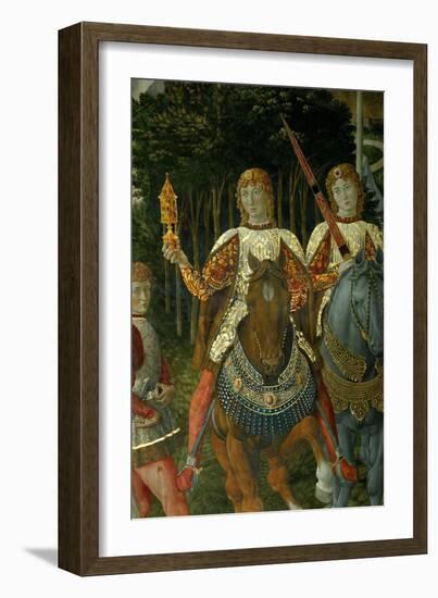 Two courtiers carrying sword and a gift preceed Lorenzo il Magnifico.-Benozzo Gozzoli-Framed Giclee Print