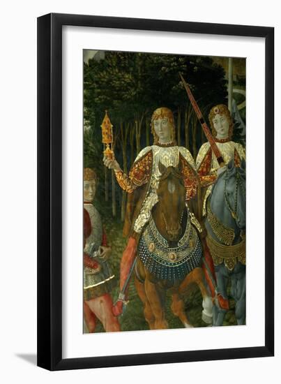 Two courtiers carrying sword and a gift preceed Lorenzo il Magnifico.-Benozzo Gozzoli-Framed Giclee Print