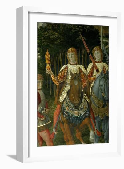 Two courtiers carrying sword and a gift preceed Lorenzo il Magnifico.-Benozzo Gozzoli-Framed Giclee Print