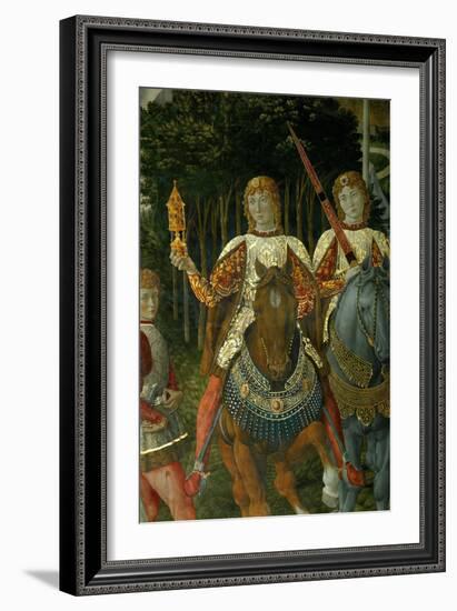 Two courtiers carrying sword and a gift preceed Lorenzo il Magnifico.-Benozzo Gozzoli-Framed Giclee Print