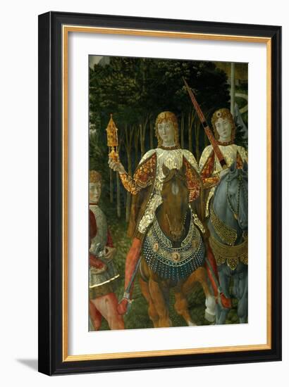 Two courtiers carrying sword and a gift preceed Lorenzo il Magnifico.-Benozzo Gozzoli-Framed Giclee Print